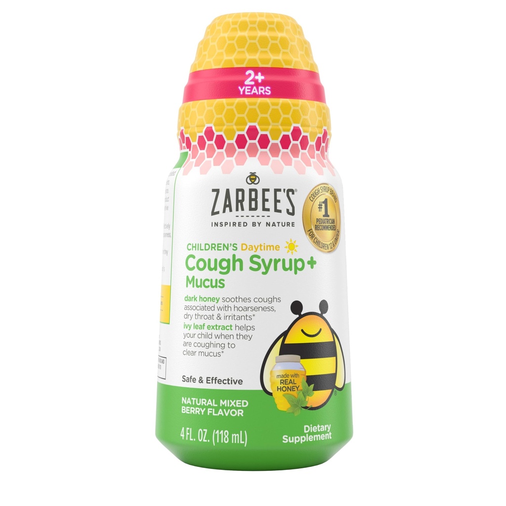 Zarbejev otroški medni kašelj Sirup + sluz Dnevni čas za otroke 2+ + Temni med, Ivy Leaf, Cink & Elderberry, #1 Pediatric Priporočeno, Droge & Alkohol-free, Mixed Berry Flavor, 4 fl. oz
