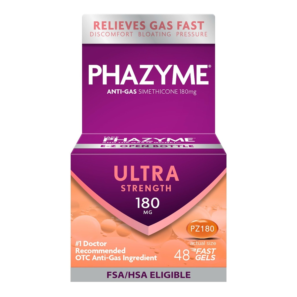 Plinska olajšava Phazyme, plin z ultramočjo in napenjanjem za odrasle, 180 mg hitri geli Simeticone, 48 jih je
