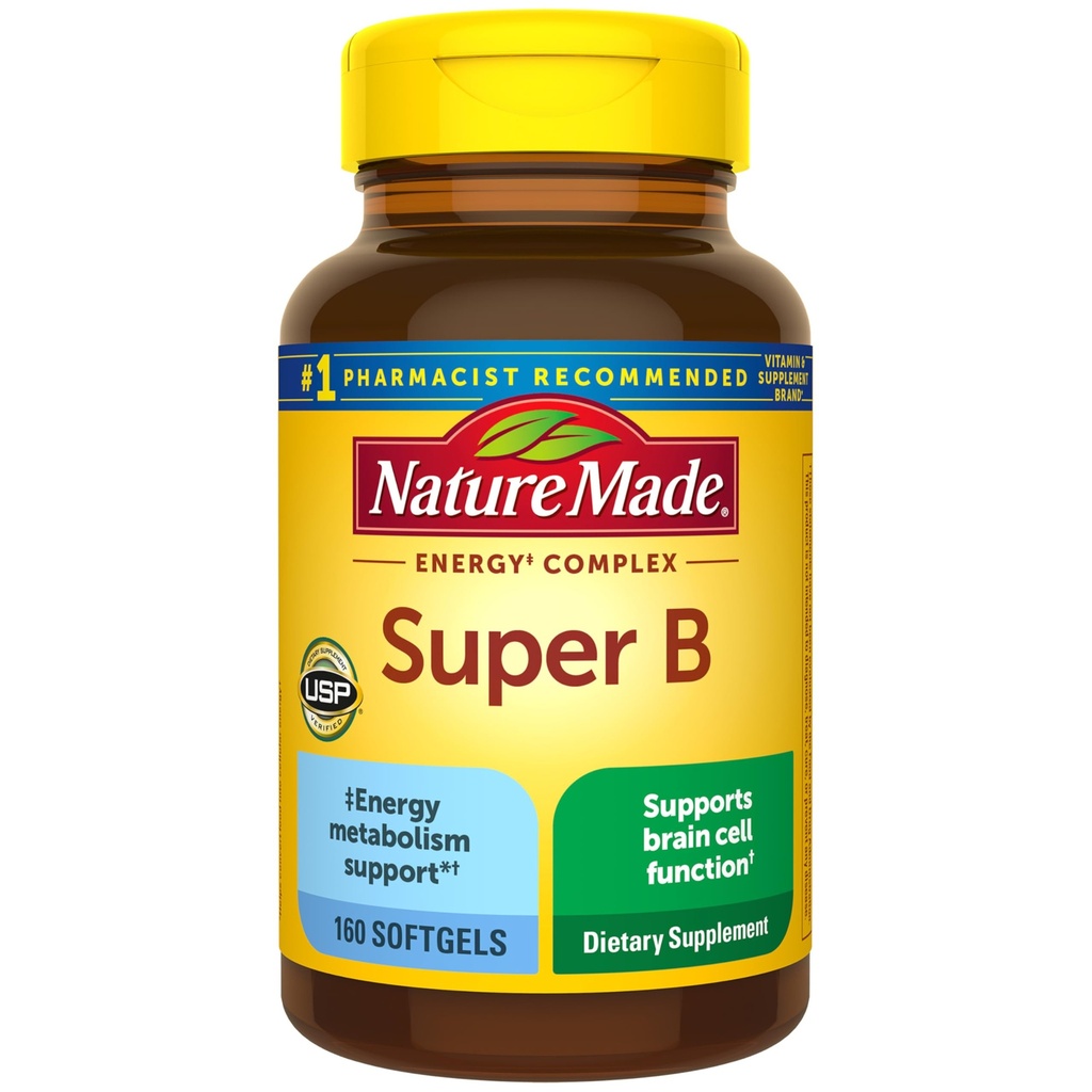 Nature Made Super B Complex Vitamini za ženske in moške, Prehranska dopolnila za energijo Presnovna podpora, Super Vitamin B Complex, 160 Softgels, 160 Day Supply