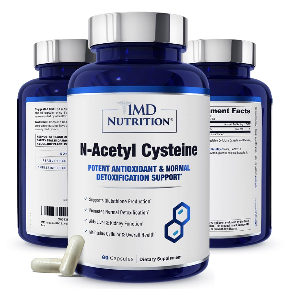 1MD Nutrition NAC Supplement N-Acetil Cysteine - NAC 600 mg - Antioksidant podpira Detox in glutatione Proizvodnja - N Acetilcistein Respiration Supplement za zdravje pljuč - 60 kapsul