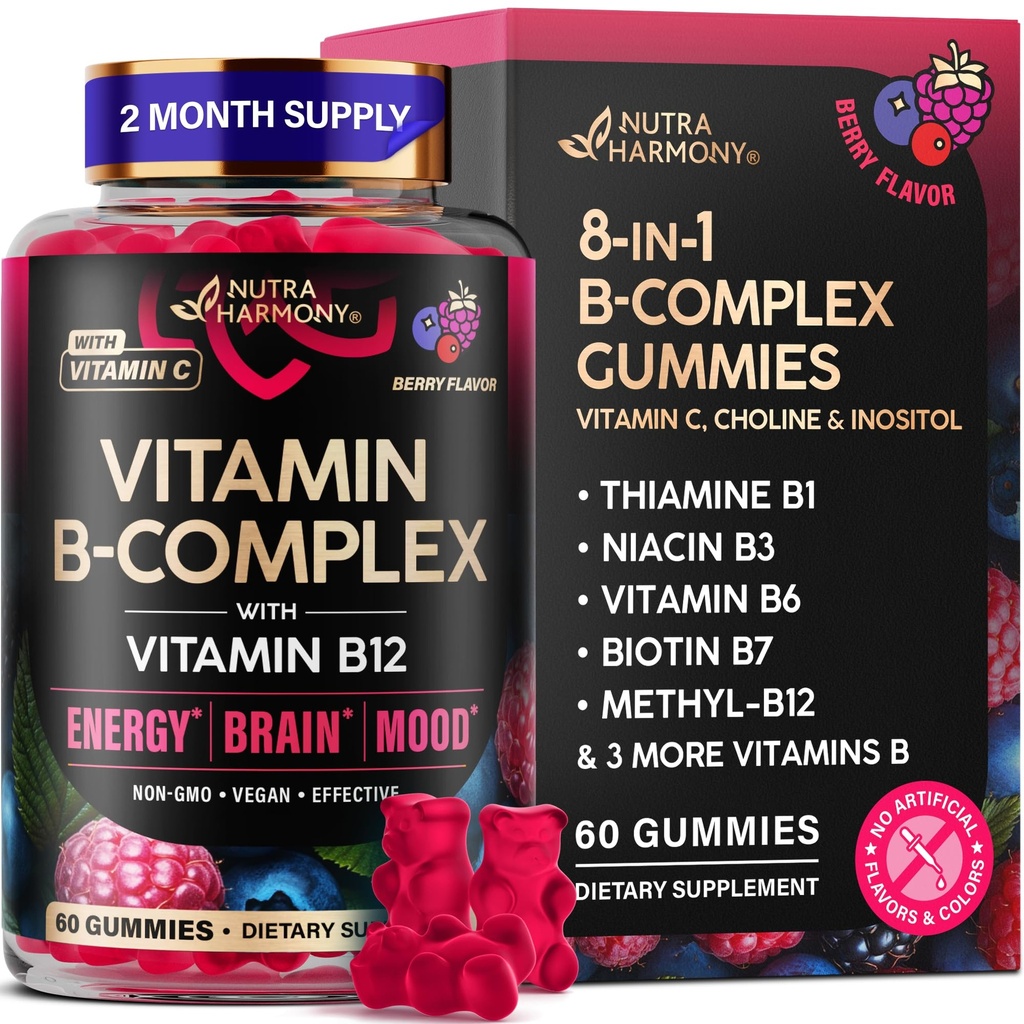 Vitamin B-kompleks Gumiji za ženske in moške - vitamin B12, B1, B2, B3, B5, B6, B7 in B9 - B kompleks z vitaminom C & Choline - energija, možgani in moda - naravna jagodna aroma, Vegan - 60 Gumijev za 2 meseca