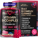 Vitamin B-kompleks Gumiji za ženske in moške - vitamin B12, B1, B2, B3, B5, B6, B7 in B9 - B kompleks z vitaminom C & Choline - energija, možgani in moda - naravna jagodna aroma, Vegan - 60 Gumijev za 2 meseca