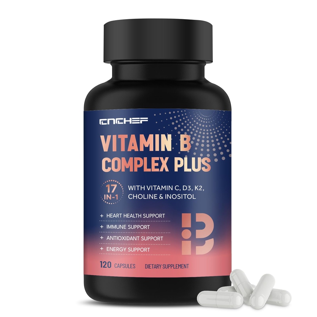 17-v-1 Vitamin B Complex Plus – Vitamin B1, B2, B3, B4, B5, B6, B7 (Biotin), B8 (Inozitol), B9, B12, C, D3, K2, Energija, Imuna, koža, Živčna podpora za moške in ženske - 120 kapsul