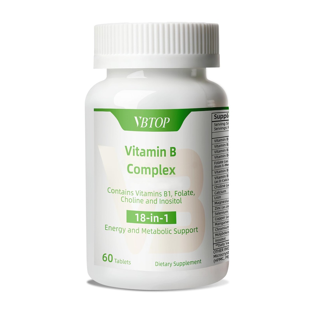Vitamin B kompleks, z vitamini B1, B2, B3, B5, B6, B12, folna kislina, holin, cink, kalcij, inozitol, za zdravje možganov in srca, imuno zdravje, in celično energijo podpora, 60 tablet