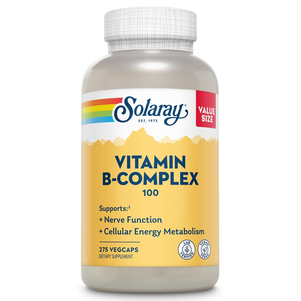 SOLARAY Vitamin B Complex 100mg - Celularna energija, Živčna in Heart Health Support - PriloÅ3⁄4be Vse 8 B Kompleksni vitamini - Vitamin B12, B1, B2, B3, B6, Niacin, Folna kislina in Biotin - Vegan, 275 SluÅ3⁄4be