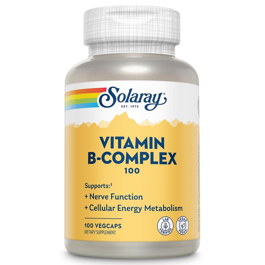 SOLARAY Vitamin B Complex 100mg - Celularna energija, Živčna in Heart Health Support - Supplements All 8 B Complex Vitamins - Vitamin B12, B1, B2, B3, B6, Niacin, Folna kislina in Biotin - Vegan, 100 Servinges