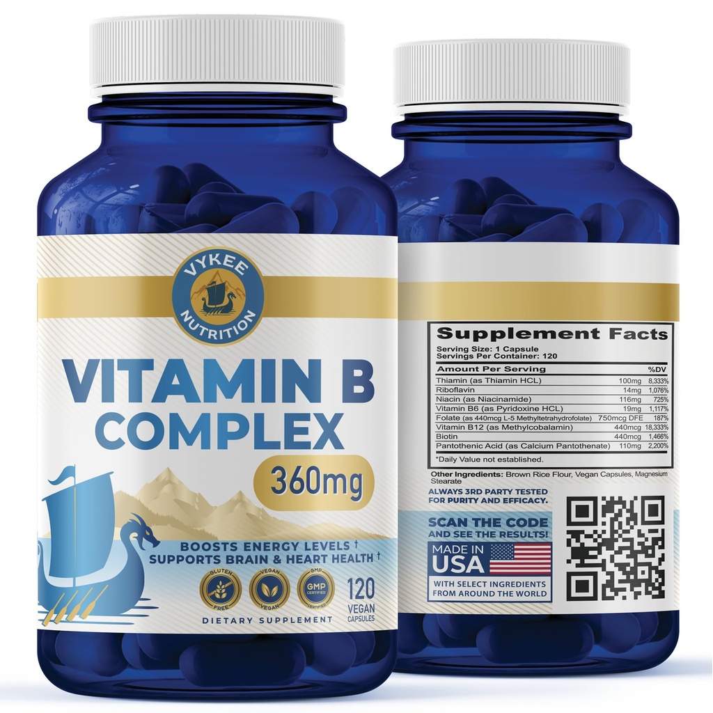 Vykee Nutrition B Complex Supplement – visoko potencial B Vitamini z 750 mg DFE Folat, 440mcg B12/Biotin 