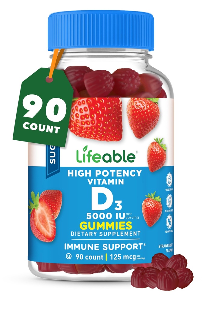 Življenjski sladkor brez vitamina D 5000 i.e. - odličen dodatek za okusne naravne arome - brez glutena vegetarijanski gensko spremenjeni žvečljivi - za imuno podporo in zdravje kosti - za odrasle - 90 Gummies