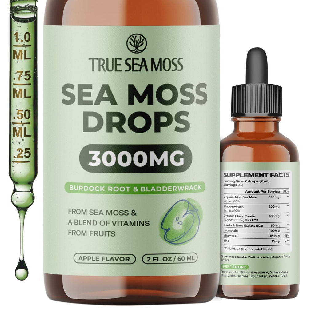 TrueSeaMoss 3000mg Irish Sea Moss kapljice z Burdock Root & Bladderwrack za prebavni sistem in podporo za obnovo mišic - 2 Fl Oz Apple NW1