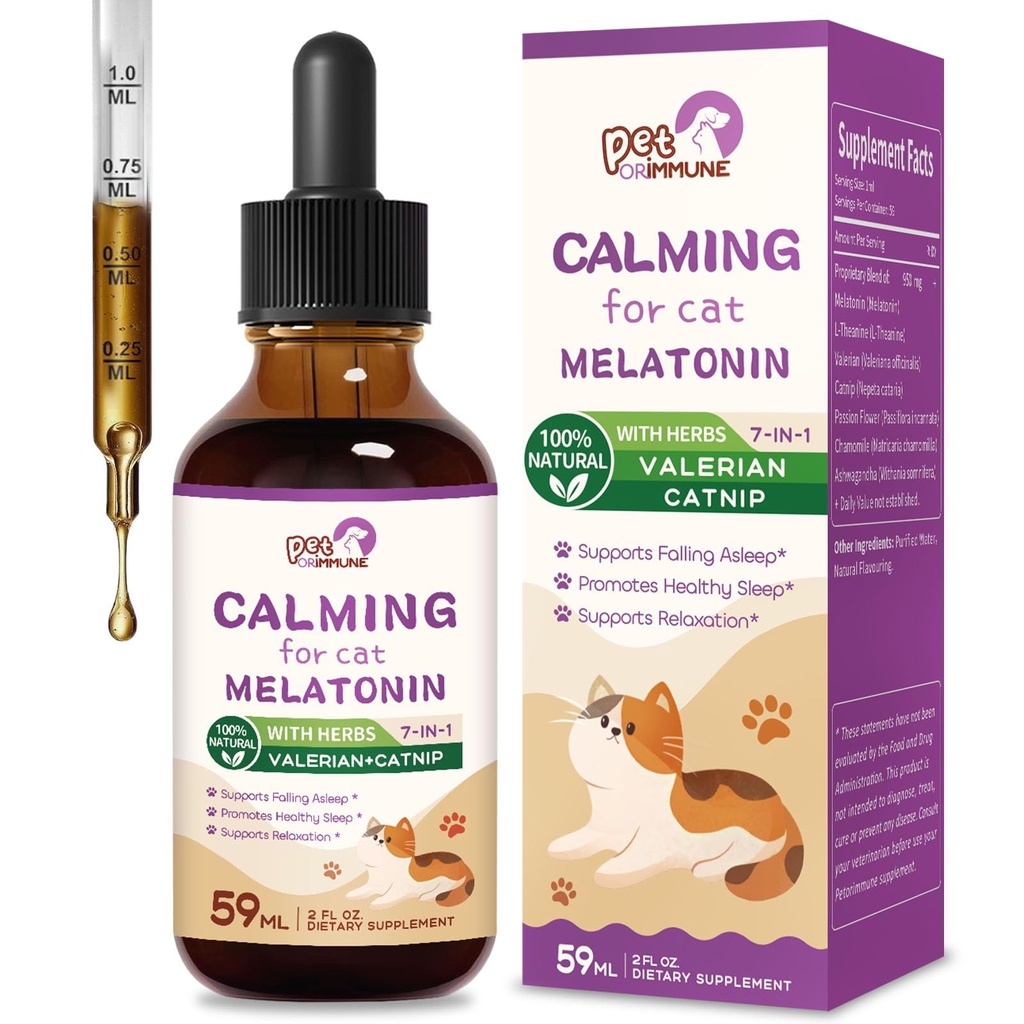 Cat Melatonin naravne kapljice za pomiritev, podpora pada spanje in zdravo spanje, zeliščni ekstrakt sprostitev dodatek z L-teanin, Valerian, Catnip, Pasijon cvet in kamilice. 2 oz