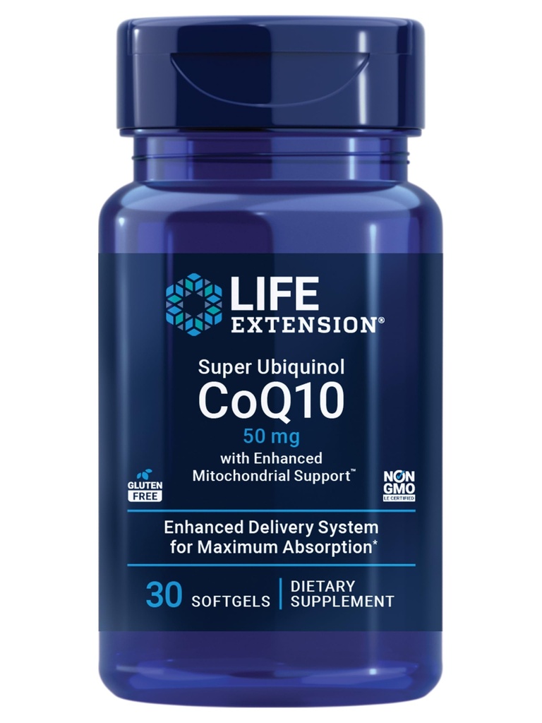 Life Extension Super Ubiquinol CoQ10 z izboljšano mitohondrijsko podporo, Heart Health Supplement, največjo absorpcijo, 50 mg, Ne-GMO, Gluten-free, 30 mehkih gelov