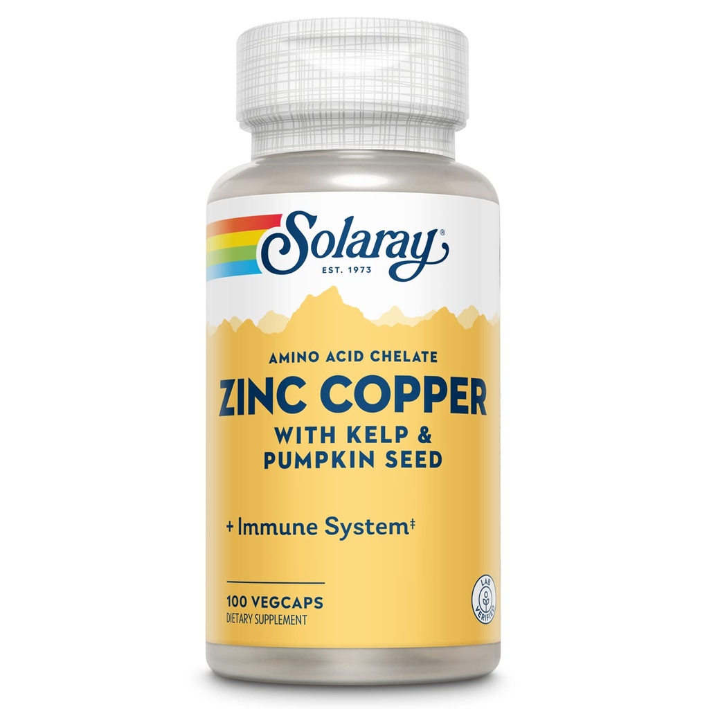 SOLARAY Cinkov bakrov aminokislinski kelat - Imunska podpora dodatek w/Cheliran cink 50mg - Podpora kosti, kože, srca in ščitnice - z Jodine iz Kelp, 60-dnevno garancijo, 100 Serv, 100 VegCaps