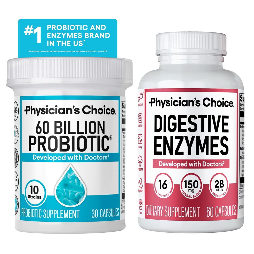Zdravnikova izbira Advanced Gut Health Bundle: 60 milijard probiotiki 30ct + Prebavne encimi 60ct za prebavne, Gut, in imunskega zdravja podpira občasno zaprtje, diareja, plin, in napihnjenost