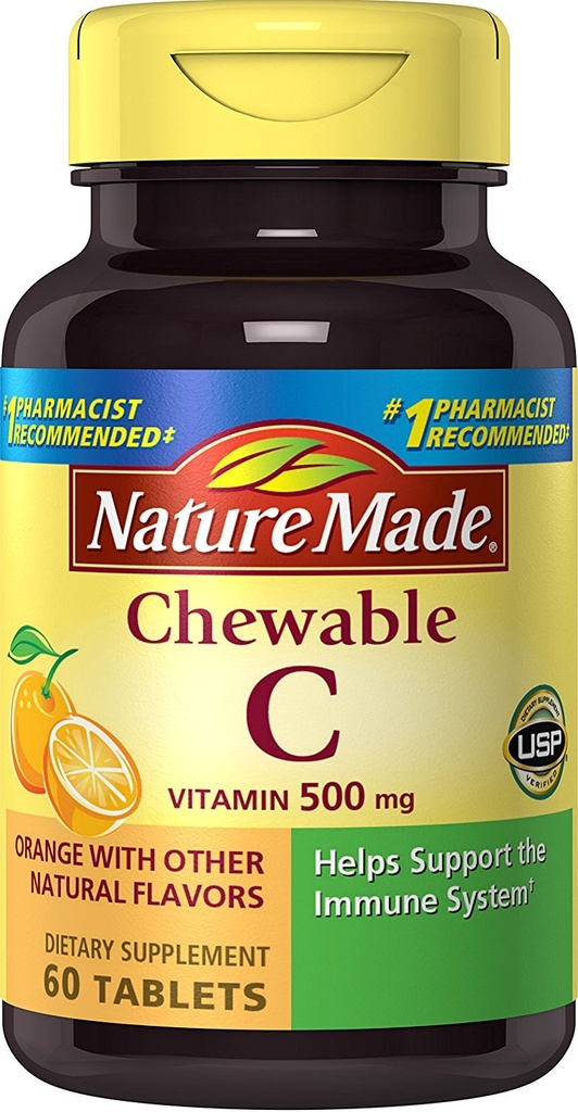 Nature Made žvečljivi vitamin C 500 mg tablete, 60 Štetje za podporo imunskega sistema (paket 3)