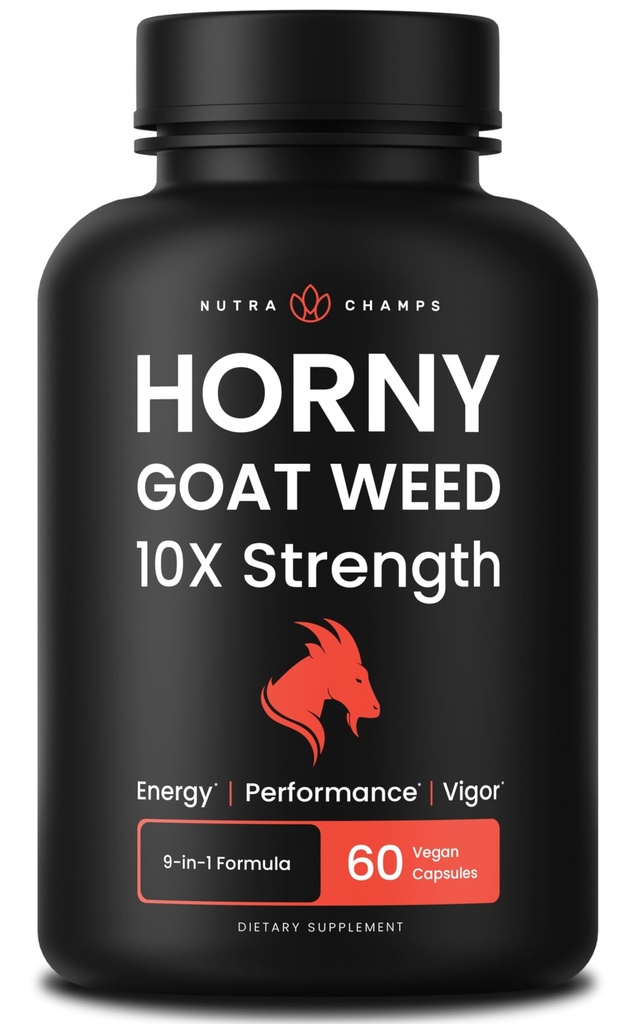 NutraChamps Horny Kozel, 1000mg Epimedium Energy Supplement, 10X Jakost Ikariin, Ginseng, Tribulus & Maca tablete za ženske in moške, Izboljšana absorpcija s črnim poprom, 60 Veganske kapsule