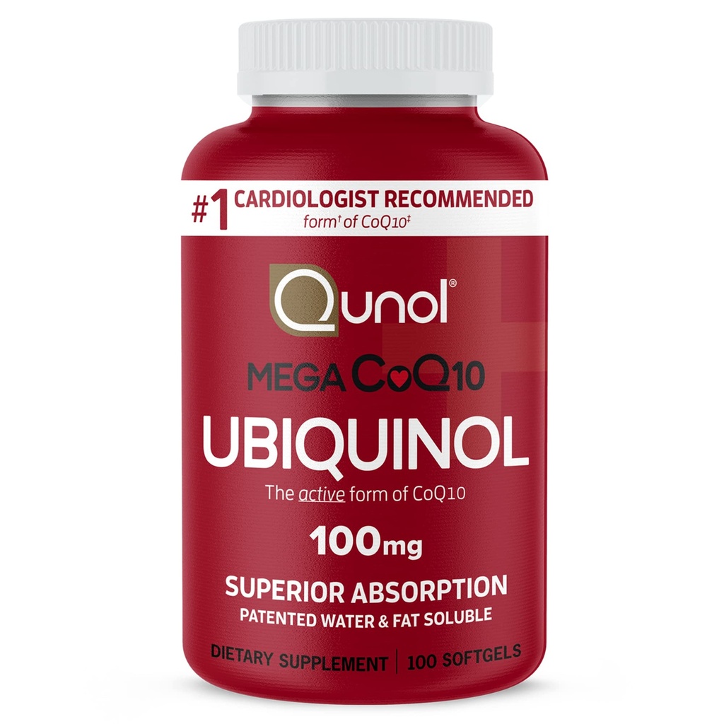 Qunol Mega Ubikinol 100mg CoQ10, Superior Absorpcija, Patentirana voda in maščob topnost Naravni dodatek Oblika koencima Q10, Antioksidant za zdravje srca, 100 Count Softgels.
