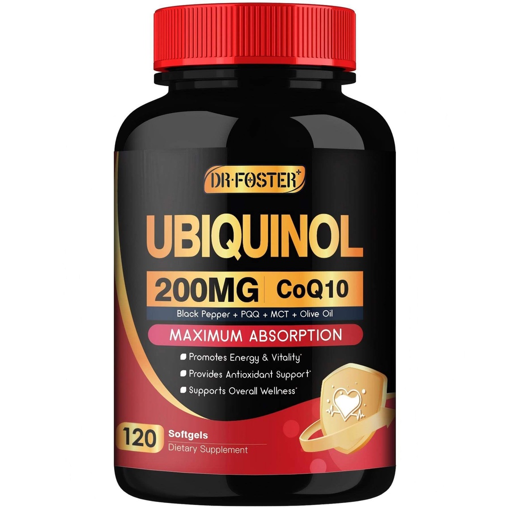 DRFOSTER Coq10 Ubikinol 200mg, Coq10 200mg Mehkužci, Max Absorpcija Ubikinol z vitaminom E & PQQ & črni poper, močan antioksidant, 120 Softgels