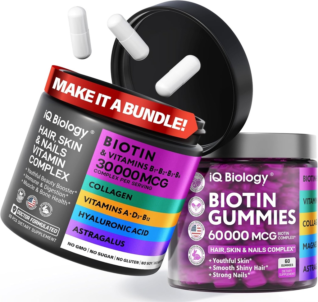 Bunded za rast las Biotin - Vitamini in keratin Kapsule + Gumiji za lase s kolagenom in Astragalusom - Kožni nohti za lase Vitamini za ženske in moške 