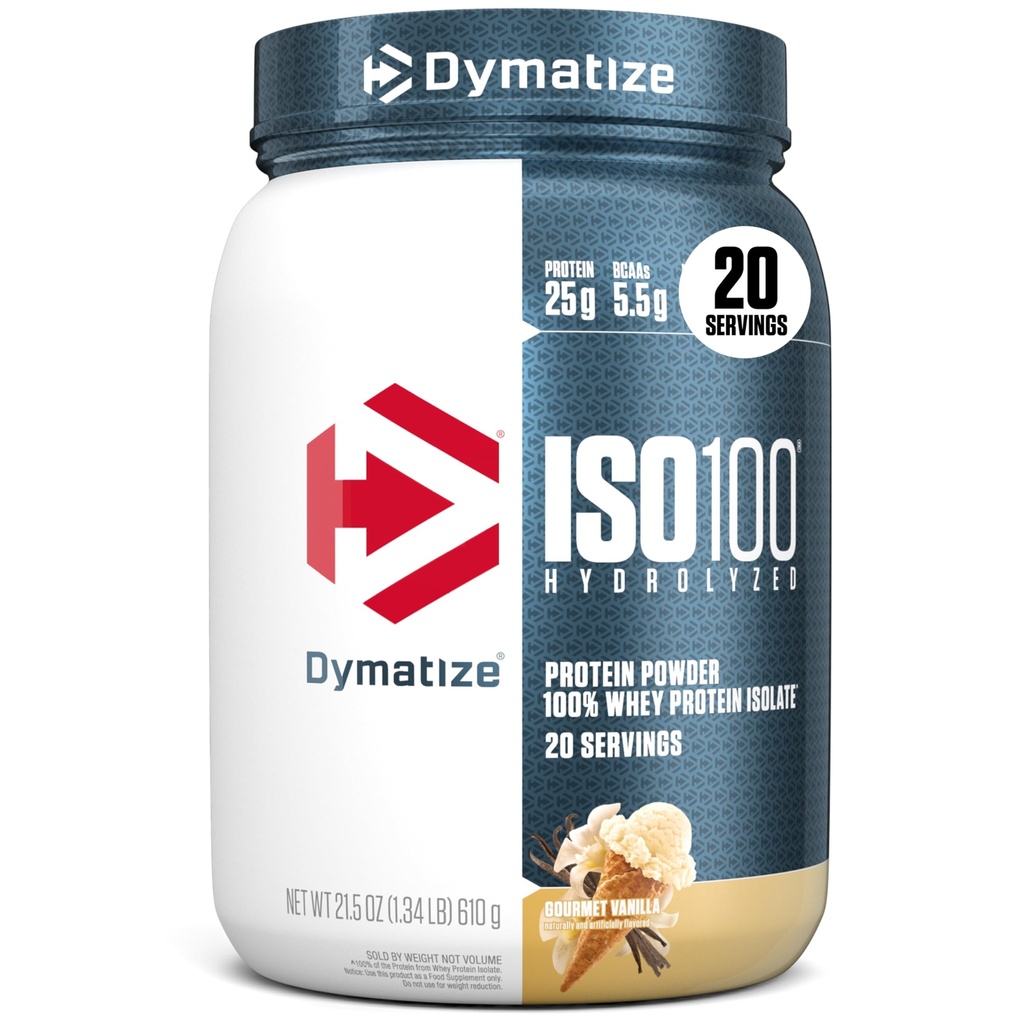 Dymatize ISO100 Whey Protein Powder Isolate, Gourmet Vanilla, 25g beljakovin, 5,5g BCAA, manj kot 120 Cal., Gluten Free, 1g maščobe, 1g sladkorja, 2g ogljikovih hidratov (20 servingov)