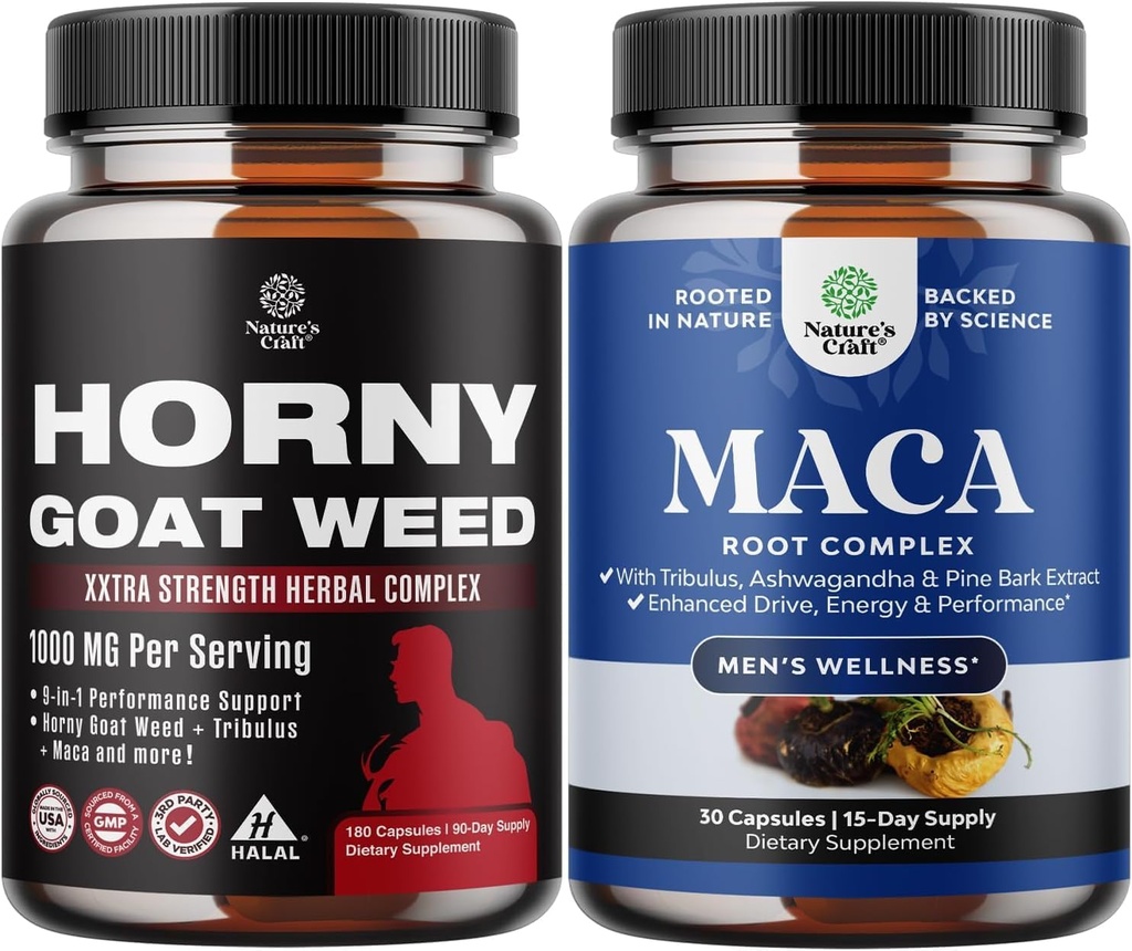 Bundele Horny Kozel s črnim korenom Maca, Tongkat Ali, Saw Palmetto & Panax Ginseng Extract za Stamina & Energy in Črna Maca koren s Sibirski Ginseng Ashwagandha - Moški Wellness dodatek