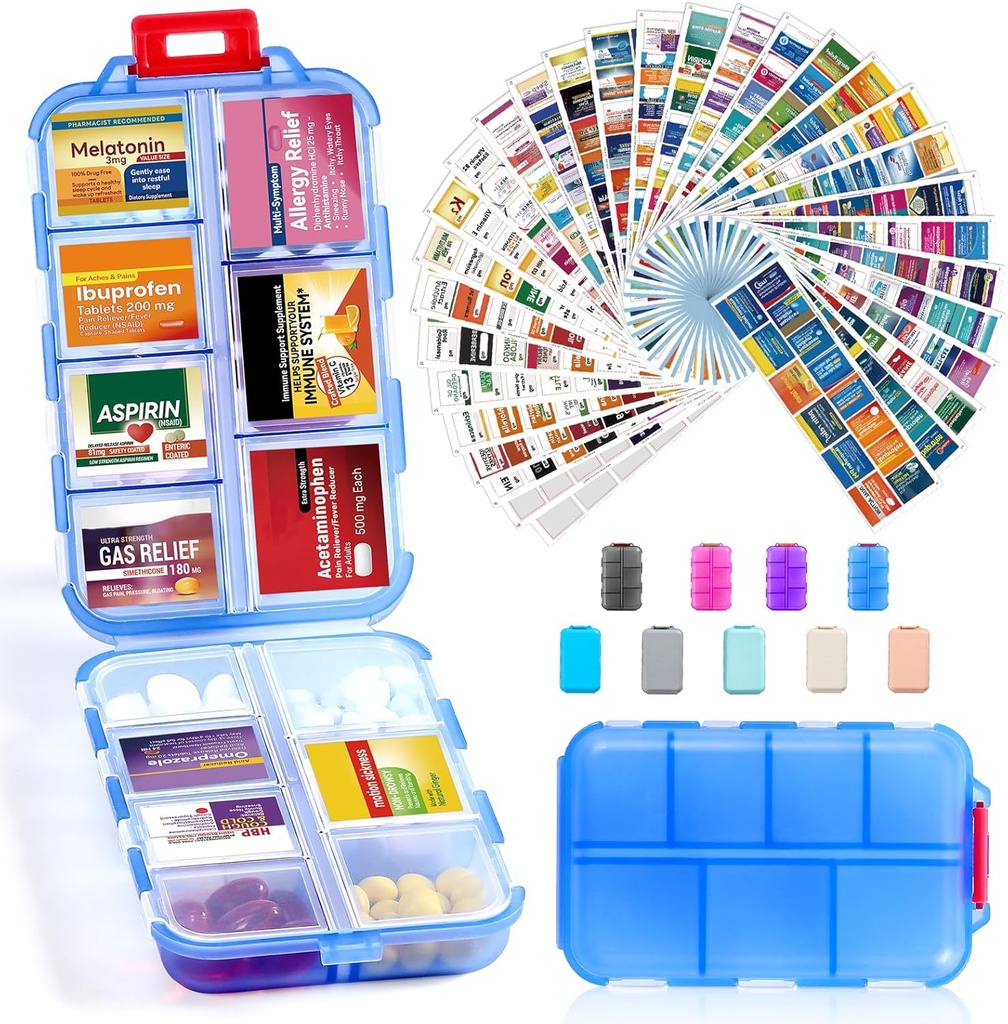 14 Mreže Travel tablete Organizator Box z 415-Pcs Medicine Ime Nalepke - žepni dnevni Lekarna Case Container Kit - Travel Medication Imetnik Dispenser za ribje olje Vitamin dopolnilno shranjevanje - Čista modra