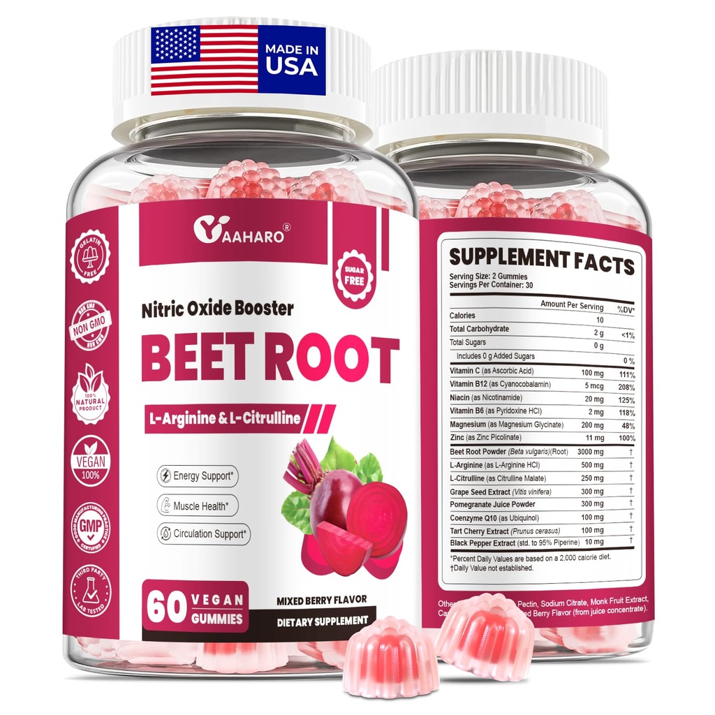 Pesa Root Gummies - Dutric Oxide Booster Supplements za moške in ženske z peso, L-Citrulin & L-Arginin - Podpora za srce, mišice in kroženje - Sladkor brez sladkorja, Vegan, Mešana jagodičja aroma, 60 Gummies