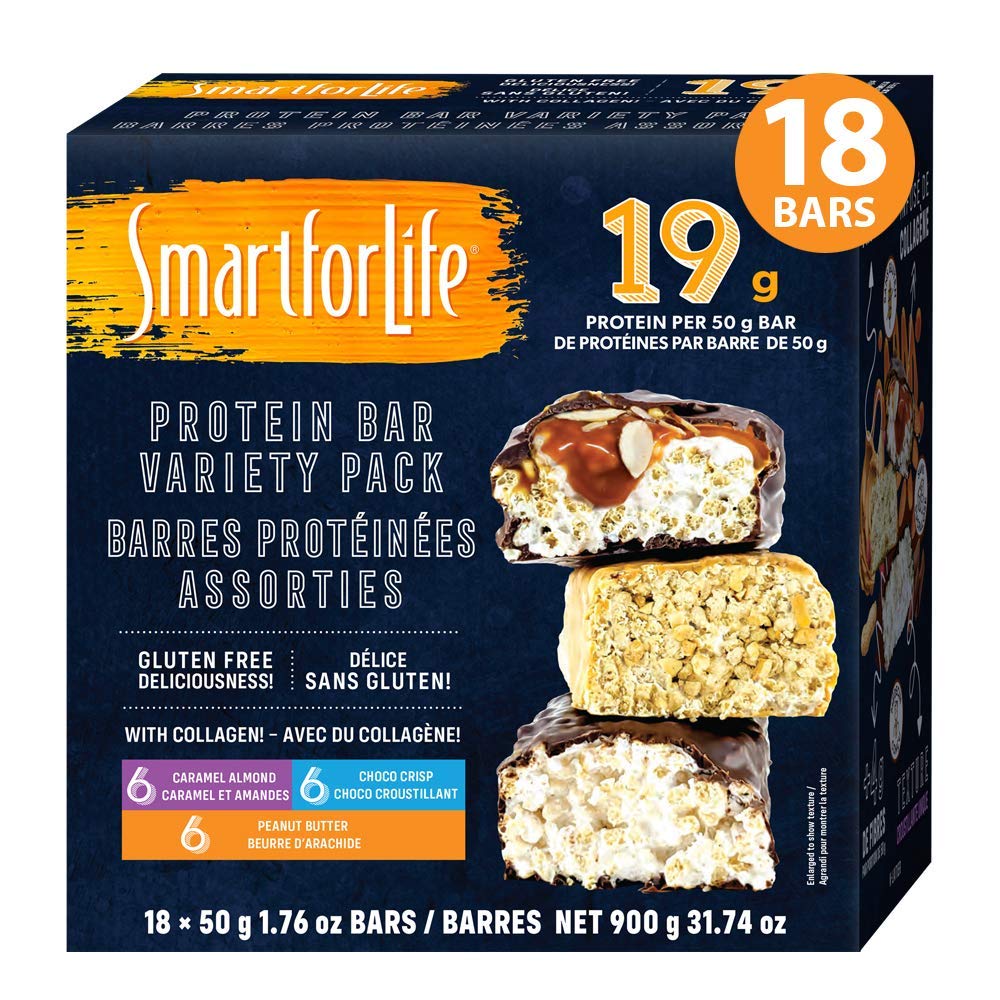 Smart for Life - Visoke beljakovine, Nizka sladkor Bar Variety Pack, Gluten Free Karamel mandljev, Čokolada & arašidovo maslo Čokolada Krunchy obrok nadomešča čokoladice deluje s Cookie Diet Non-GMO 18ct
