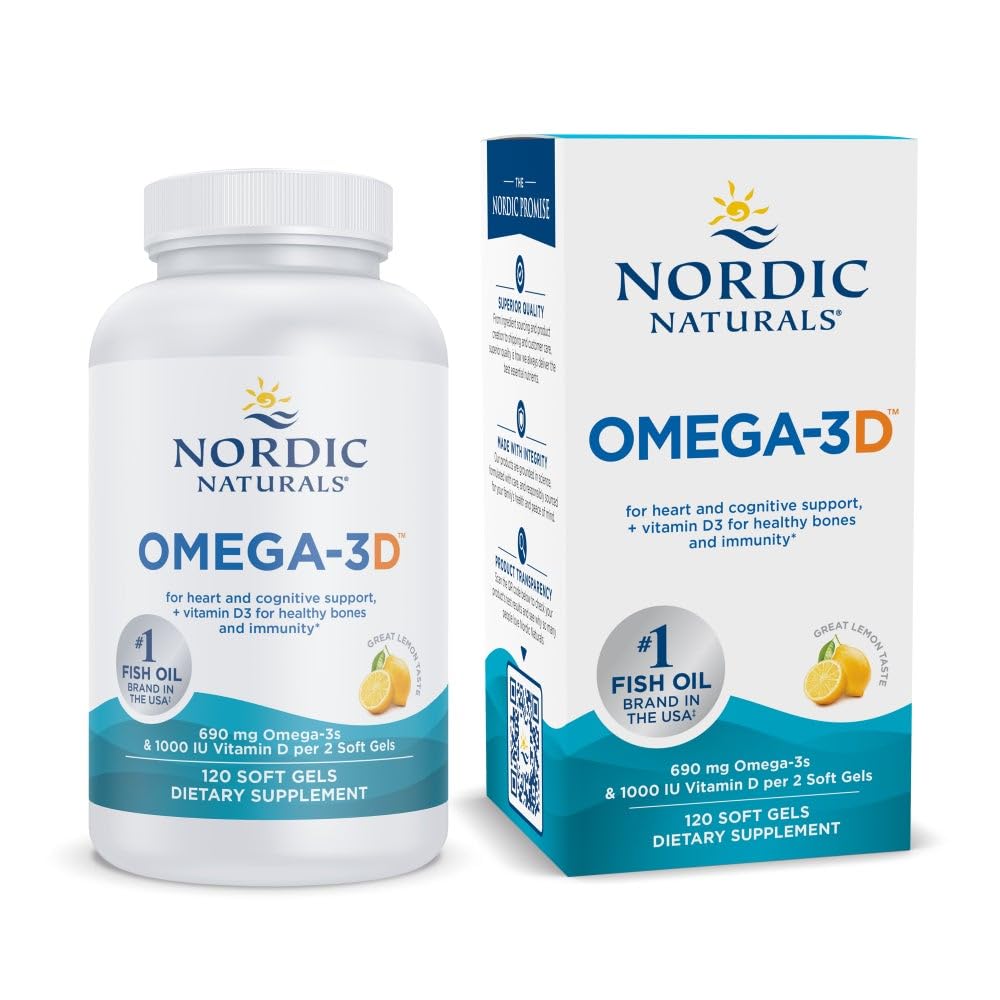 Nordic Naturals Omega-3D, Lemon Flavor - 120 Soft Gels - 690 mg Omega-3 + 1000 i.e. vitamin D3 - ribje olje - EPA & DHA - Imunska podpora, Zdravje možganov in srca, Zdrave kosti - Non-GMO - 60 Serving