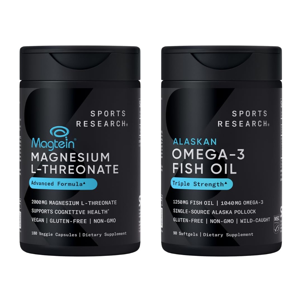 Sports Research® Cognitive Health Support Pack - Triple Strength Omega 3 Fish Oil EPA & DHA Fatty Acids from Wild Alaskan Pollock & Magtein Magnesium L-Threonate Supports Memory, Focus, Sleep & Mood