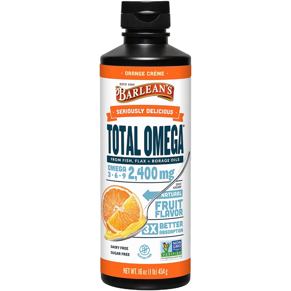 Barlean's Total Omega 3 6 9 Liquid Fish Oil Supplement with Borage and Flaxseed Oil, Orange Crème, 2,400 mg of EPA, DHA and GLA Fatty Acids, 16 oz