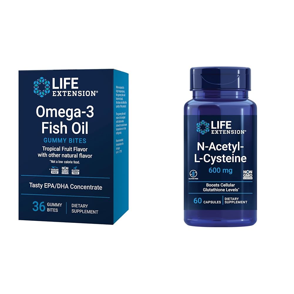 Life Extension Omega-3 Ribje olje Gummy ugrizi in N-acetil-L-Cystein Imune & Respiratorna podpora