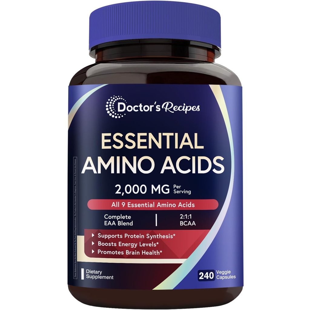 Zdravnikovi recepti Essential Aminokisline dodatek, Vse 9 Essential Aminokisline (EAA), BCAA 2:1:1, 240 Veggie kapsule