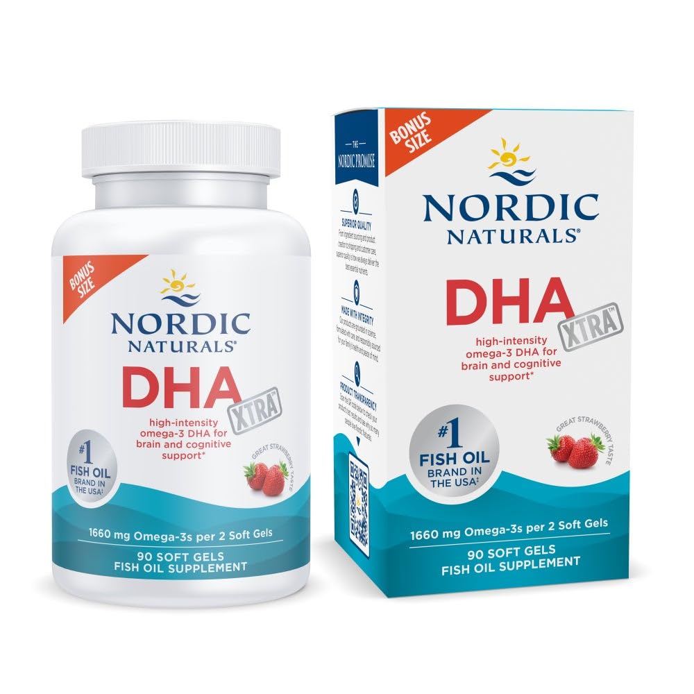 Nordic Naturals DHA Xtra, Jagoda - 90 Soft Gels - 1660 mg Omega-3 - Visoka intenzivnost DHA Formula za podporo možganov in živčevja - Non-GMO - 45 Serving