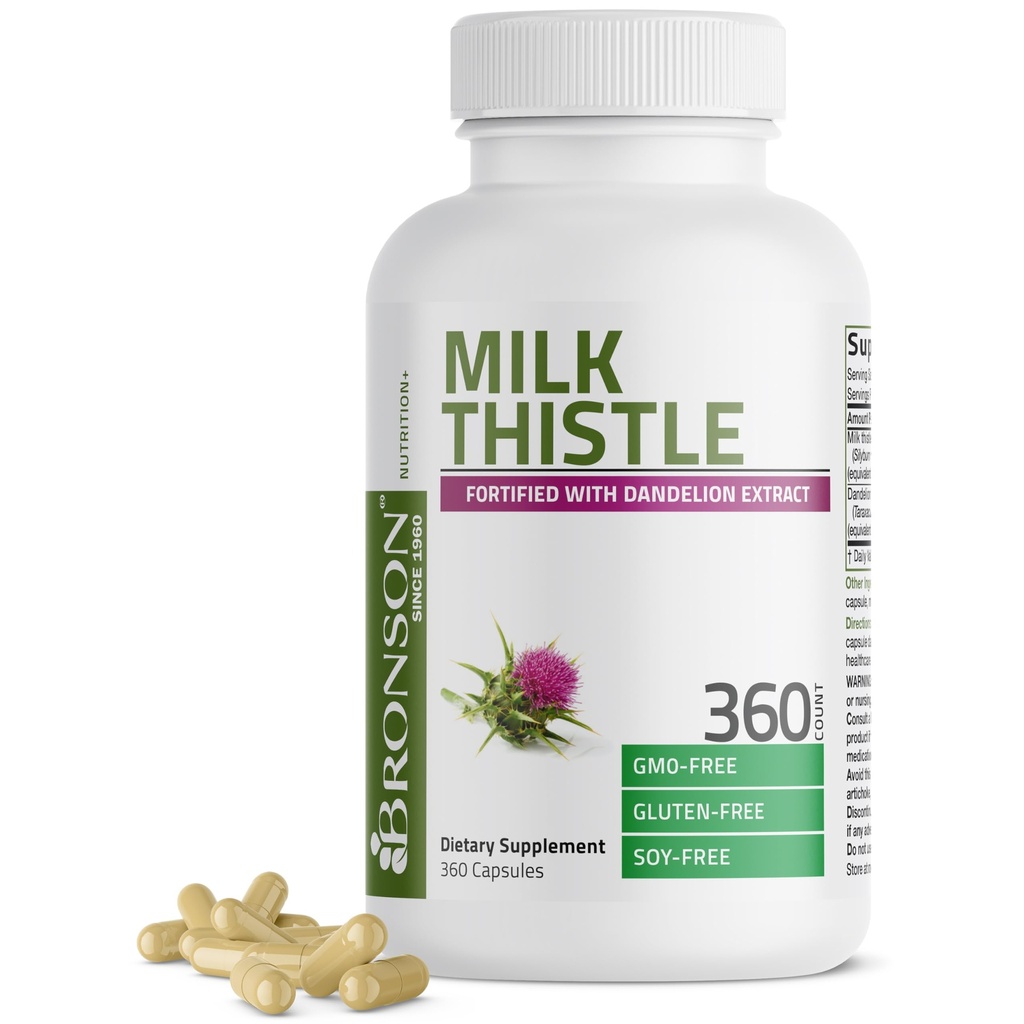 Bronsonovo mleko Thistle Silymarin Marianum & Dandelion Koren jetra podpora za zdravje, antioksidant podpora, Detox, 360 kapsule