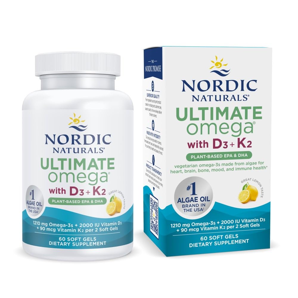 Nordic Naturals Ultimate Omega Plant Based Vitamin z vitaminom D3+K2-60 Vegetarian Soft Gels - 1210 mg Omega-3s Plus 2000 i.e. D3 in 90 mcg K2 - Spodbuja zdravje možganov - Non GSO - 30 Servings