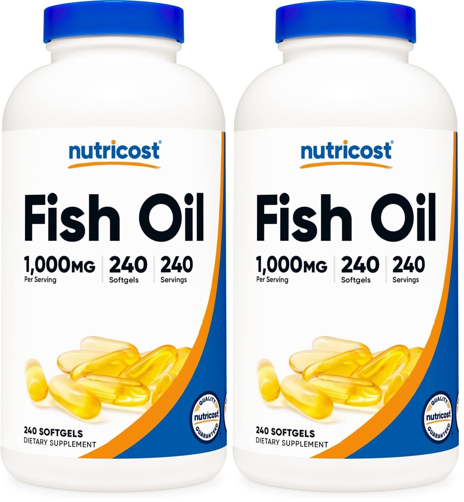 Nutricost Fish Oil Omega 3 Softgels z EPA & DHA (1000mg ribjega olja, 560mg Omega-3), 240 Softgels, Non-GMO, Gluten Free. (paket z 2)