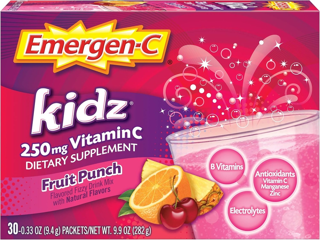 Emergen-C Kidz 250mg Otroci Vitamin C Powder, Kofein prost, Imunska podporna pijača Mešanica, aroma sadnih kosmičev - 30 Count/1 Mesec dobave