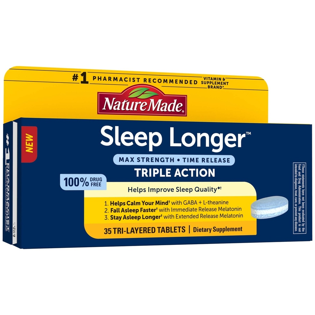 Narava Made Sleep Daljši, Melatonin 10mg sprostitev časa Tri-Layer tablete, pomaga izboljšati kakovost spanja, padec spanja hitreje, ostati spal dlje, L-Theanine in GABA za pomoč umiriti vaš um, 35 Tablete
