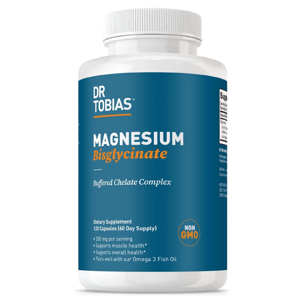 Dr. Tobias Magnezijev bisglicinat, visoka absorpcija Magnezijev pufer Chelate Complex, 200 mg na kapsulo, Podpira energijo, mišice, kosti in skupno zdravje, Ne-GMO Magnezij dodatek, 120 Kapsule