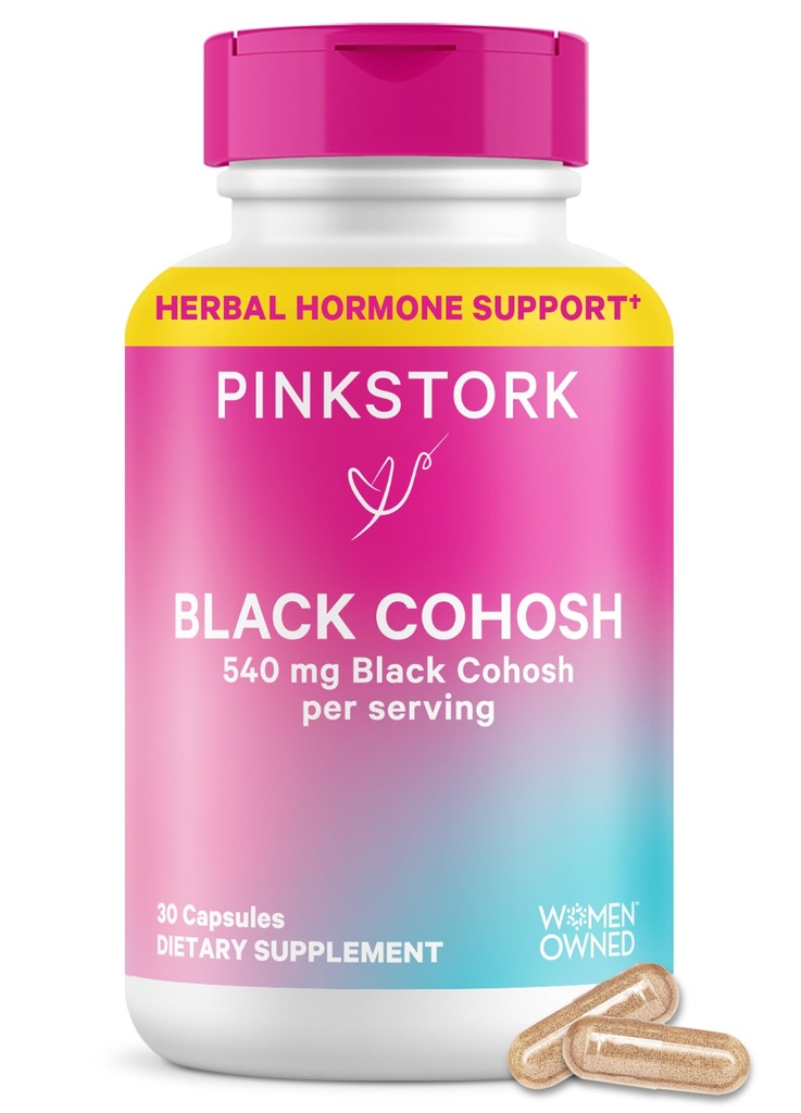 Pink Stork Black Cohosh Supplements for Women, 540 mg, 30 Capsules | Pure Black Cohosh, Supports Hormone Balance for Fertility, Perimenopause + Menopause Comfort