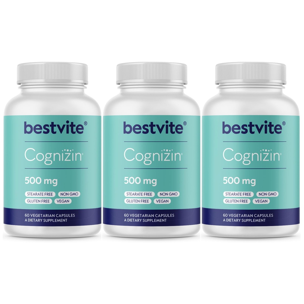 BESTVITE Cognizin Citicoline 500mg (180 vegetarijanskih kapsul) (60x3) - klinično raziskano Premium holin nootropic - brez stearat - Vegan - Gluten Free - Možganski dodatki za spomin in fokus
