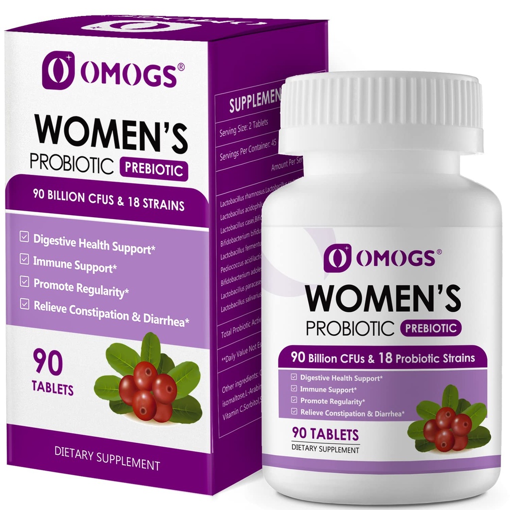 OMOGS ženski probiotik, z izvlečkom brusnice, organski prebiotiki in vitamin C, 90 milijard CFU,18 sevi, Pomoč za povečanje imunske, prebavne, Gut zdravje in zdravje žensk, Gluten & Soy Free,90 tablete