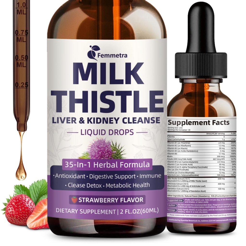 Mleko Thistle Extract tekoče kapljice za čiščenje jeter Detox in popravila, 35-IN-1 Podpora ledvic dopolnilo z Artichoke & Dandelion za urein Tract, Bladder, Vegan, Non-GMO, Jagodna aroma, 2 FL OZ