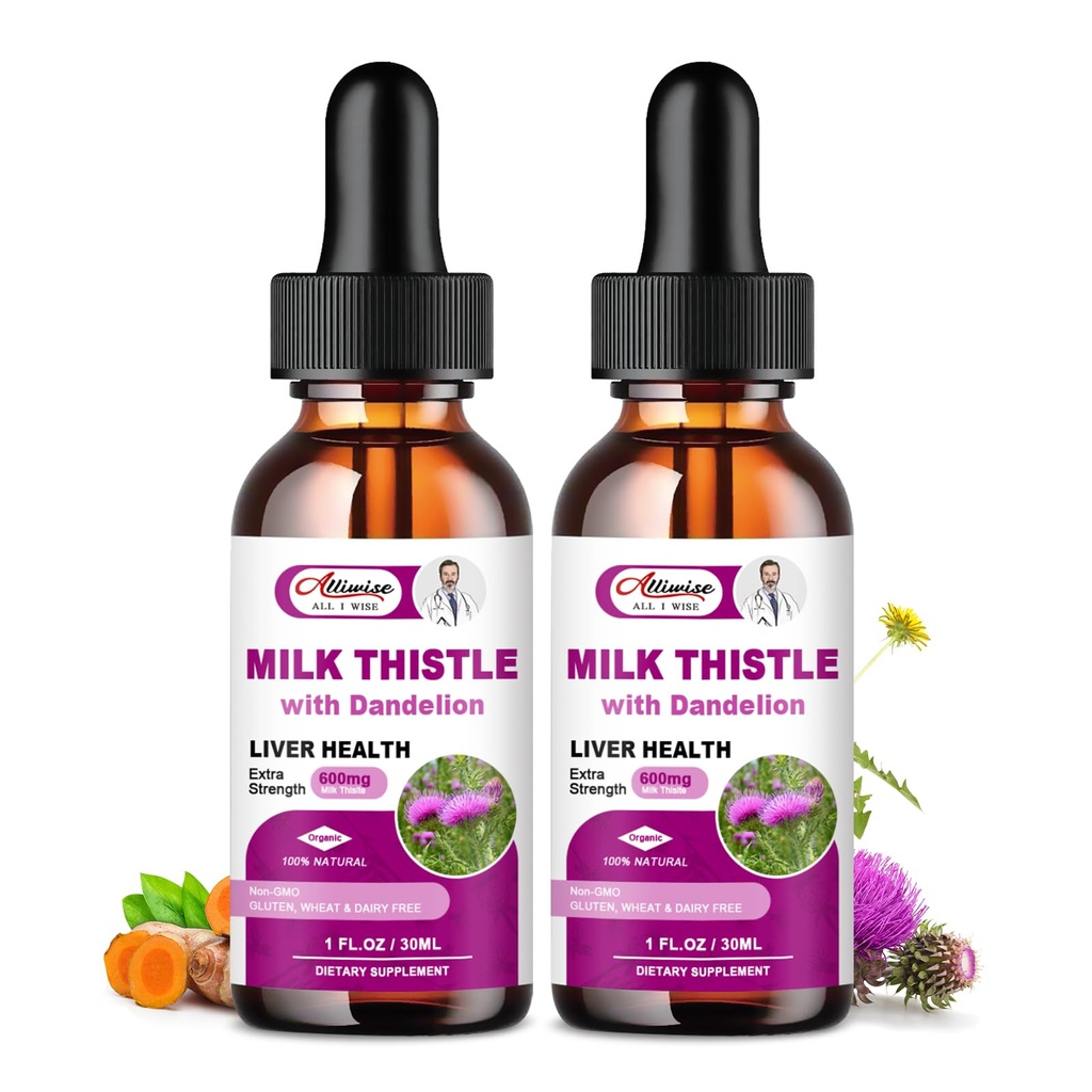Health Support Liquid 2 Pack,600mg mleko Thistle 80% Silymarin Extract & 250mg izvleček korenin, čiščenje jeter Detox in popravila maščobnih jeter Formula, Vegan, Ne-GMO in vse-naravni
