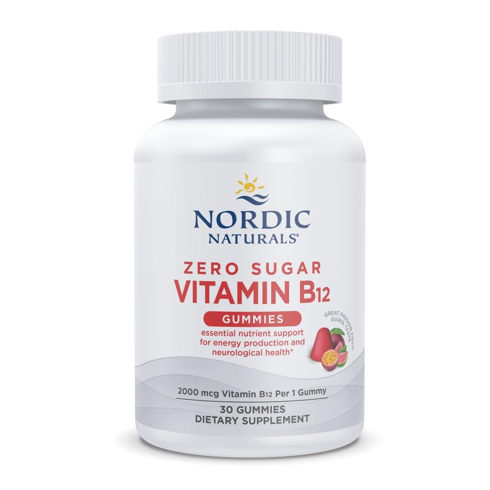 Nordic Naturals Zero Sugar Vitamin B12 Gummies - 2000 mcg Vitamin B12 na Gummy, Passion Fruit Guava Flavor - 30 Gummies, Essential Nutrient Podpora za proizvodnjo energije in zdravje možganov, 30 Strežnice