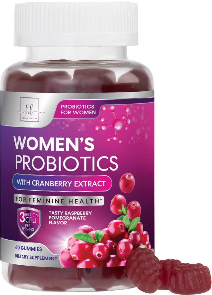 Probiotiki za ženske Gumije z brusnicami - 6 Premium sevi za PH Balance - Ženske Probiotiki za digestivno zdravje, Vaginalna in Imunska podpora, Ženske Probiotic Feminine Health Gummy - 60 Gumies