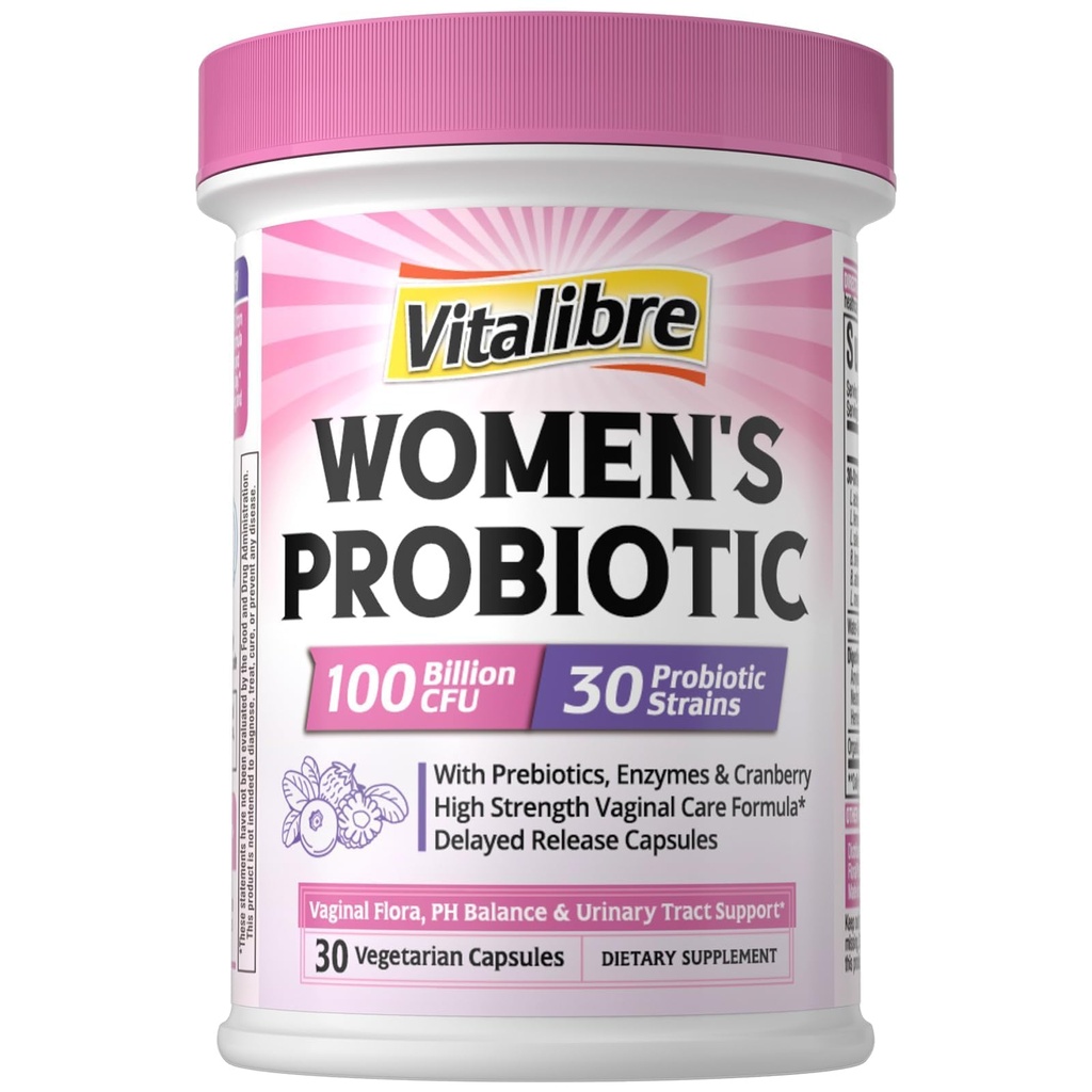 Vitalibre probiotiki za ženske 30 sevi, 100 milijard CFU vaginalni probiotiki z digestivnimi encimi, prebiotiki in brusnice za zdravje sečil, pH ravnovesje, 30 Veggie kapsule