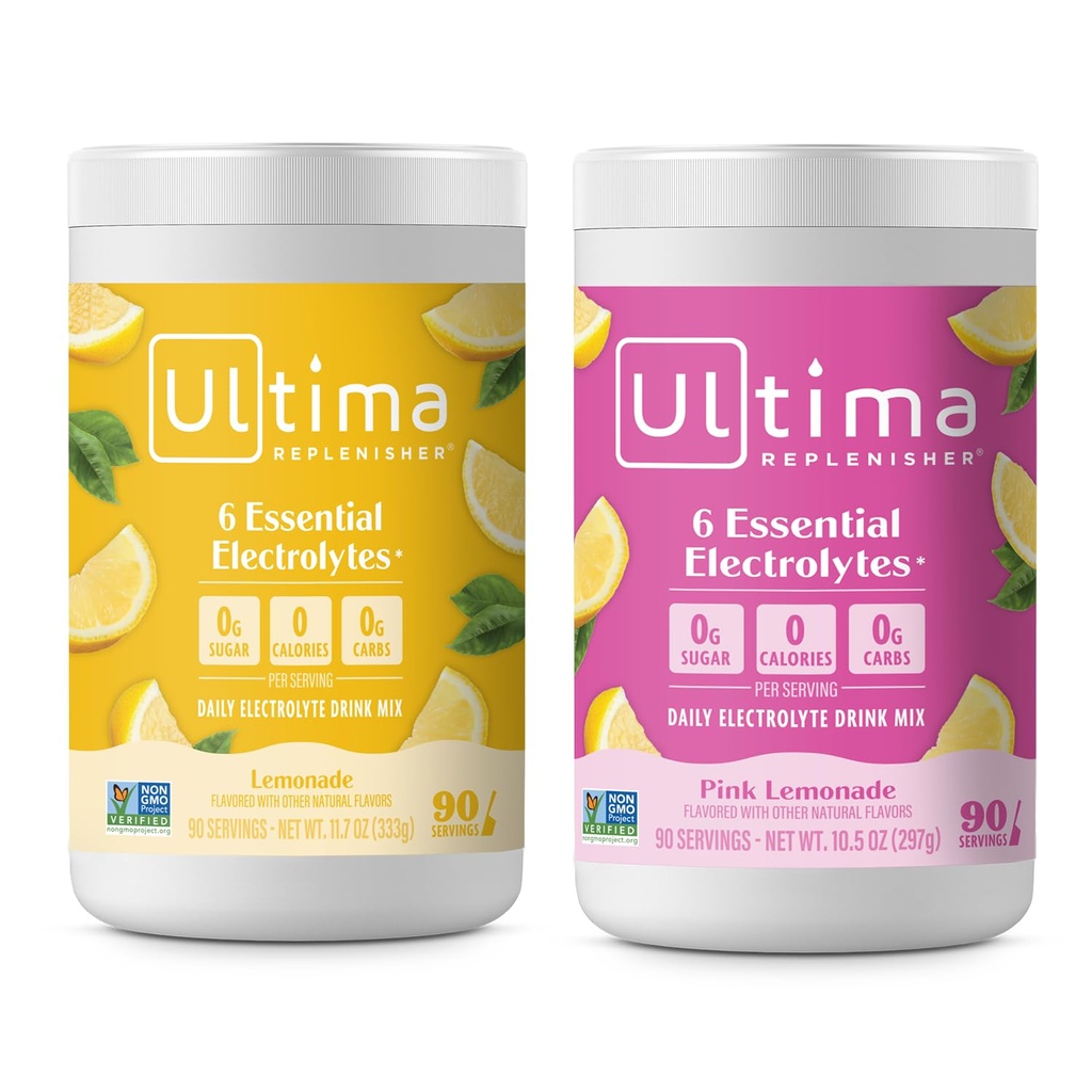 Ultima Replenisher Electrolyte Powder Drink Mix Bundle – Sladkor brez sladkorja – Limonada in roza limonada, 90 Serving– Hidracijski prašek - 6 Ključni elektroliti in sledljivi minerali – Keto prijazno, Non-GMO