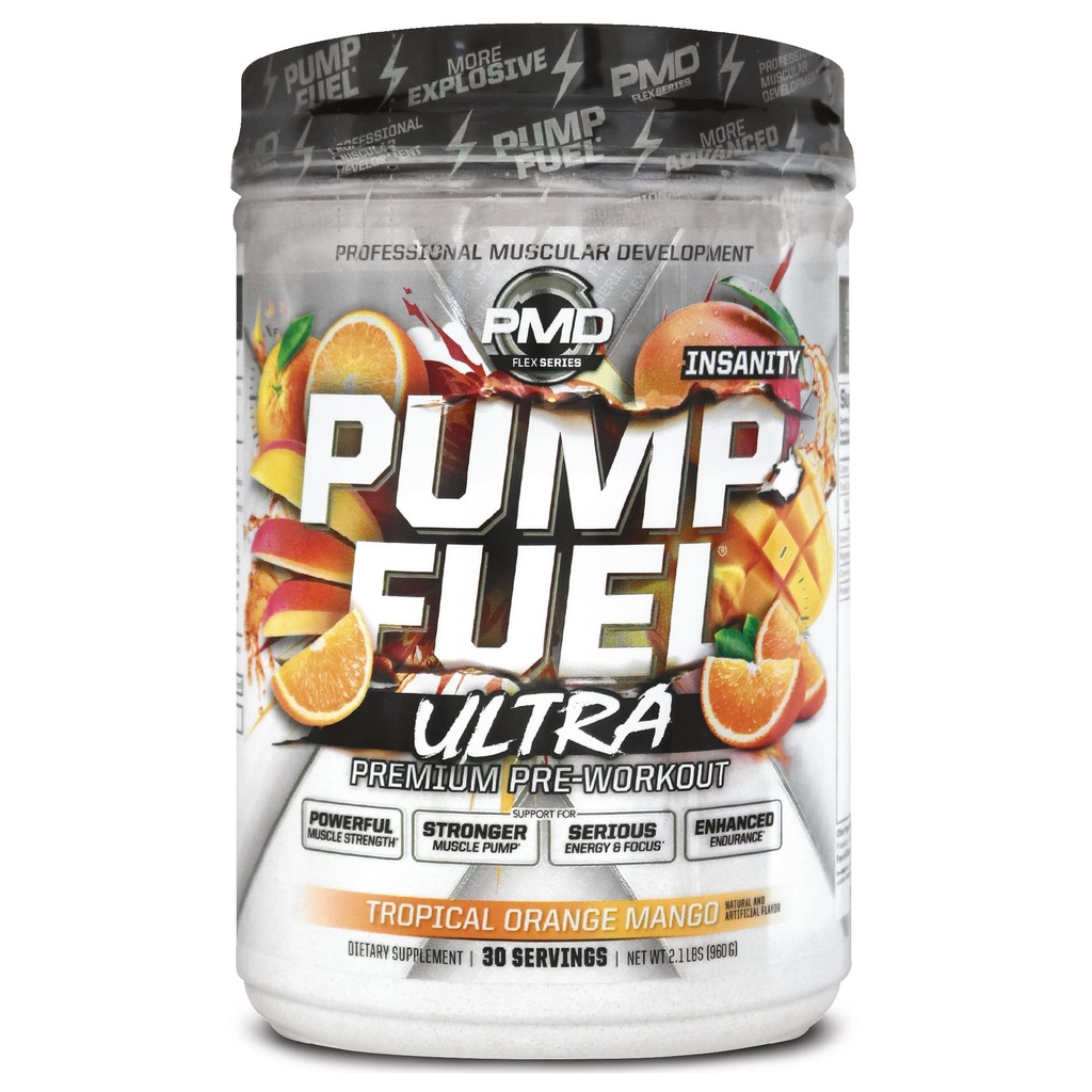PMD športna črpalka Ultra Insanity - Premium Preworkout Powder & Muscle Pump, večji poudarek, vzdržljivost in regeneracija, Premium Kreatin, Arginin & Beta Alanine, Tropical Orange Mango (30 strežajev)