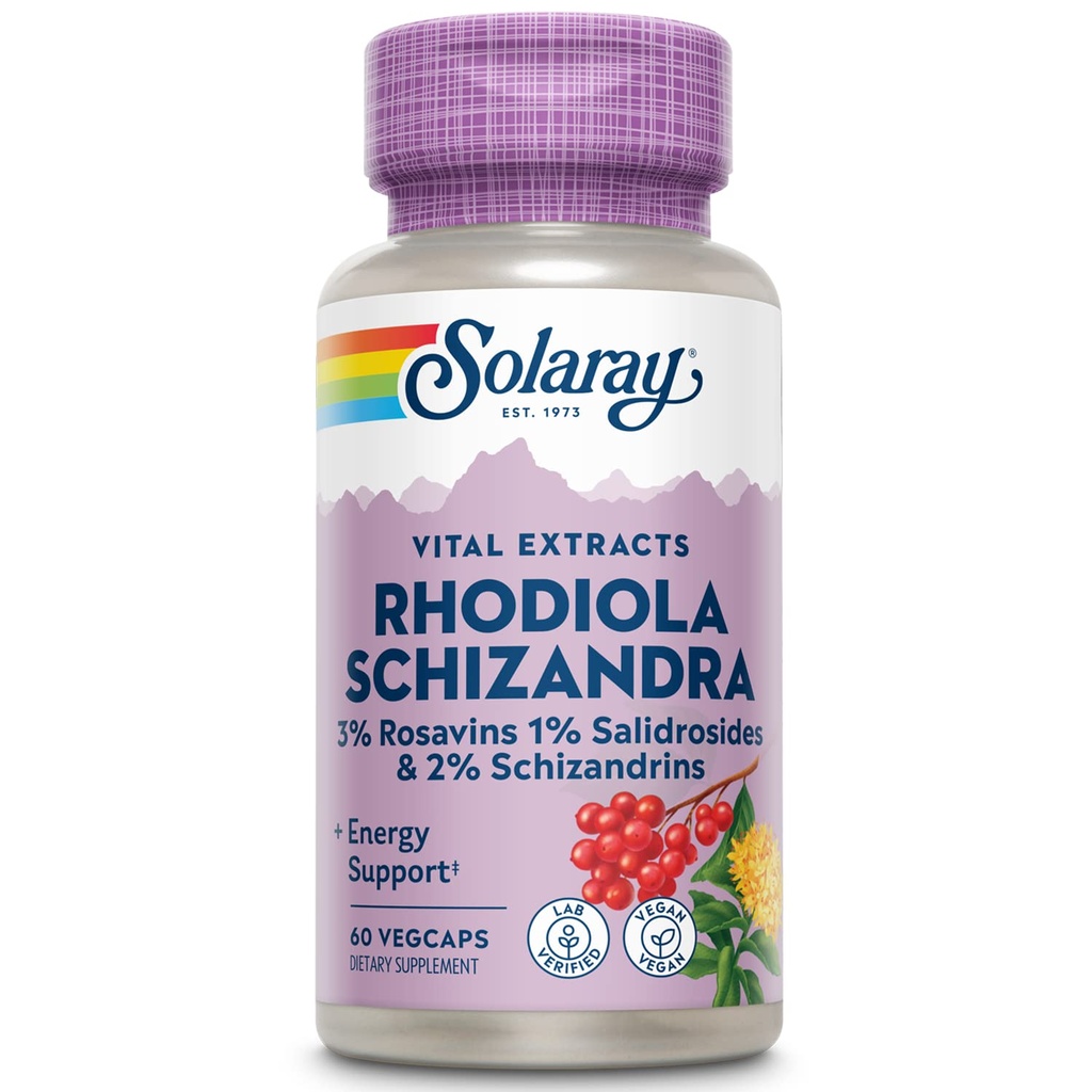 SOLARAY Rhodiola Schizandra - Rhodiola Rosea Extract - Energy Support and Occasional Stress Relief Supplement - Vegan, Lab Preverjeno, 60-dnevni garancije - 60 Servings, 60 VegCaps